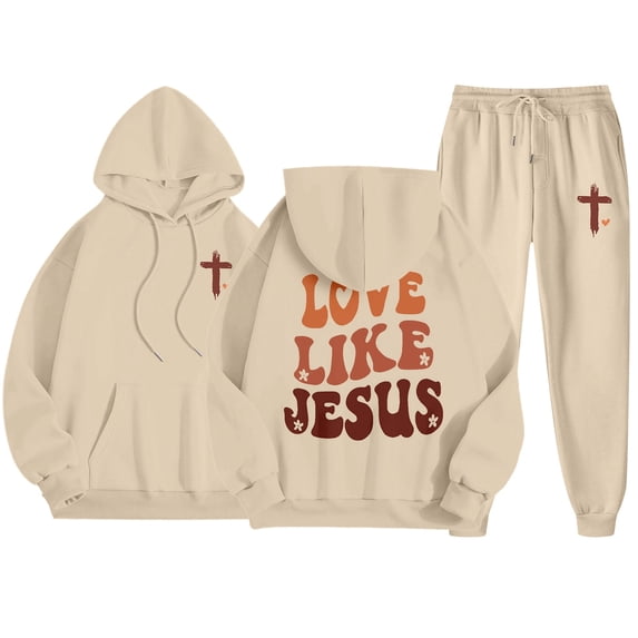 Womens Two Piece Sweatsuits Long Sleeve Jesus Letter Print Christian Hooded Sweatshirt and Sweatpants Baggy Comfy Fall Winter Track Suits Trendy