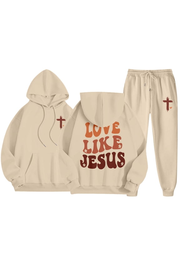 Womens Two Piece Sweatsuits Long Sleeve Jesus Letter Print Christian Hooded Sweatshirt and Sweatpants Baggy Comfy Fall Winter Track Suits Trendy