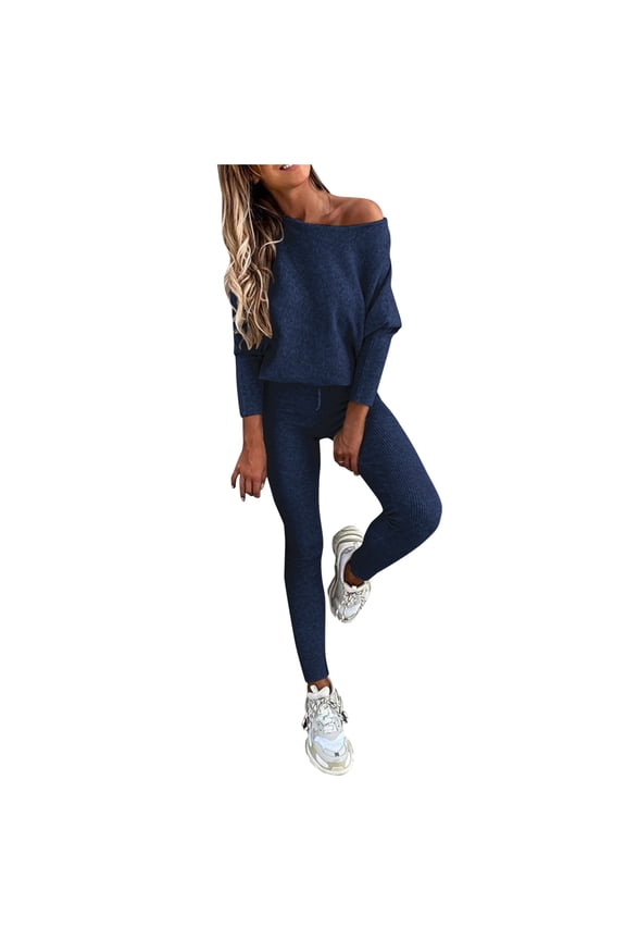 Womens Two Piece Sweatsuits Long Sleeve Solid Color Off Shoulder Pullover Tops and Jogger Pant Baggy Comfy Casual Fashion Fall Tracksuit Matching Sets
