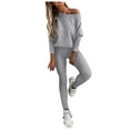 thumbnail image 1 of Womens Two Piece Sweatsuits Long Sleeve Solid Color Off Shoulder Pullover Tops and Jogger Pant Baggy Comfy Casual Fashion Fall Tracksuit Matching Sets, 1 of 7