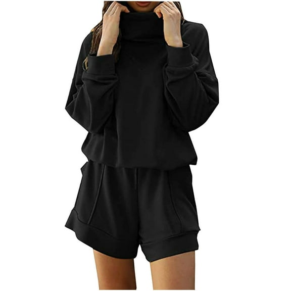 Womens Two Piece Sweatsuits Outfits Cotton Loose High Neck Sweatshirt Drawstring Sweat Shorts Sets Pockets Tracksuits (L, Black)