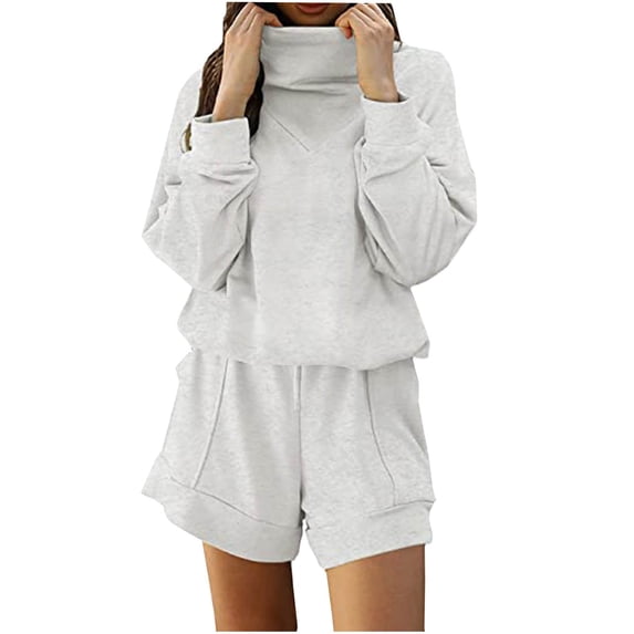 Womens Two Piece Sweatsuits Outfits Cotton Loose High Neck Sweatshirt Drawstring Sweat Shorts Sets Pockets Tracksuits (L, Gray)