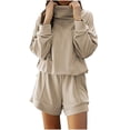thumbnail image 1 of Womens Two Piece Sweatsuits Outfits Cotton Loose High Neck Sweatshirt Drawstring Sweat Shorts Sets Pockets Tracksuits (M, Khaki), 1 of 5