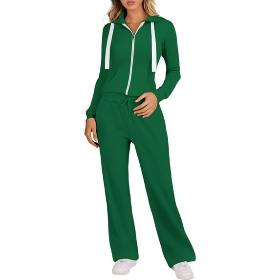Womens Two Piece Sweatsuits Solid Tracksuit Jogging Sweat Suits Set Color:Green Size:M