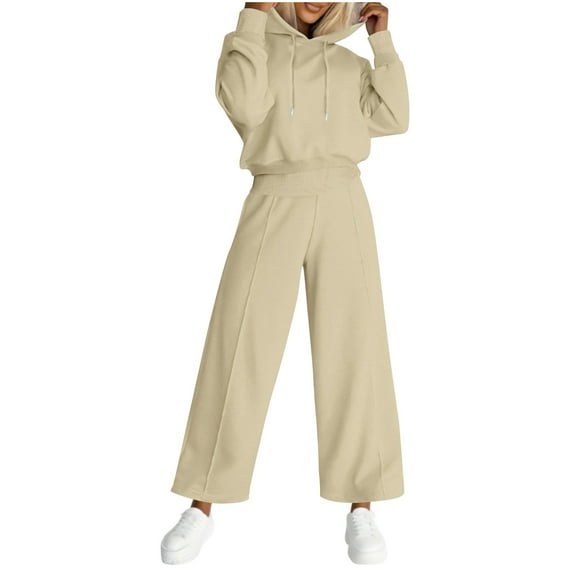 Womens Two Piece Swetsuits Winter Clothes Fleece Lined Long Sleeve Hoodies Wide Leg Sweatpants Track Suits Lounge Set, S