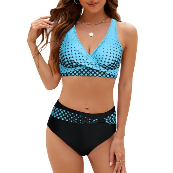 Womens Two Piece Swimsuits,Wrap Front Bikini High Waisted Bottom Tummy Control Bathing Suits Vintage Print