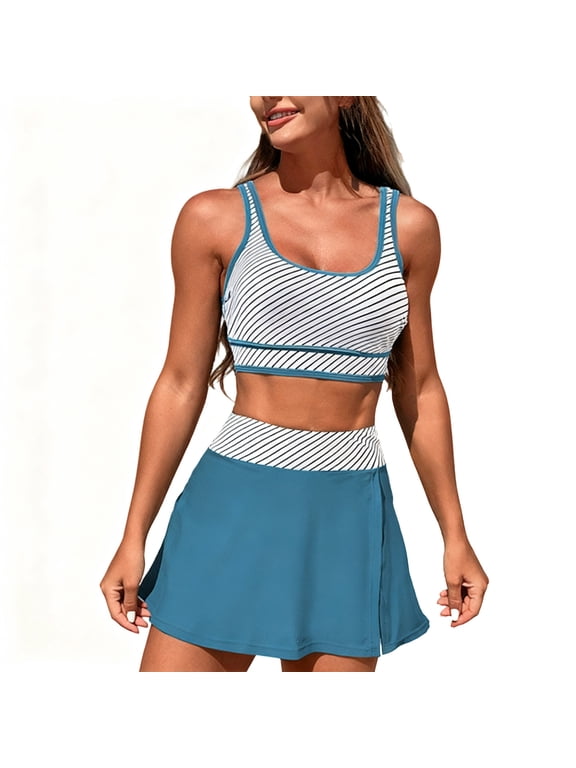 Womens Two Piece Tankini Bathing Suits with Skirt Split High Waisted Bikini Skirt Swimsuit Sporty Striped Swimwear(Light Blue S)