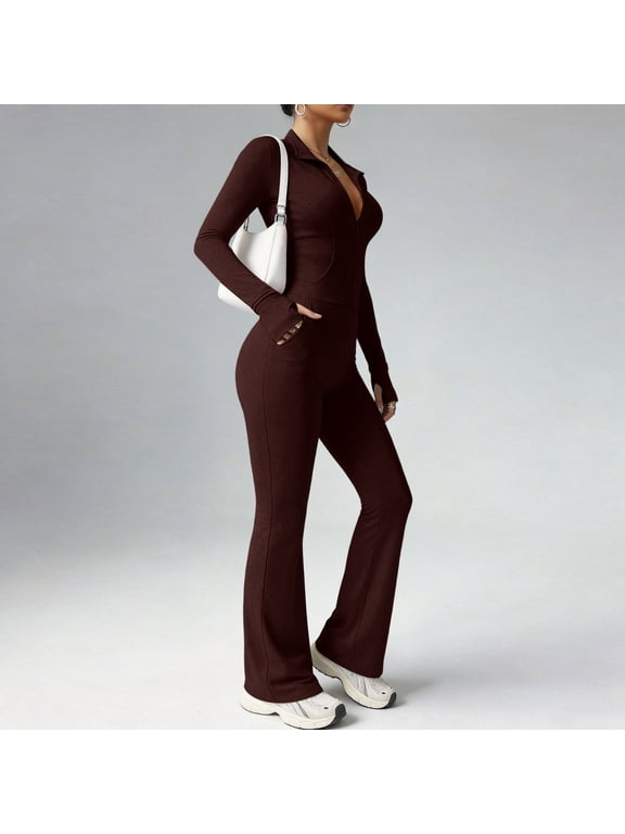 Womens Two Piece Tracksuit Yoga Set Long Sleeve Zipper Jacket with Athletic High Waist Flare Leggings Workout Outfit