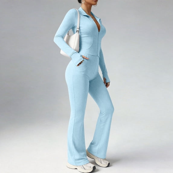 Womens Two Piece Tracksuit Yoga Set Long Sleeve Zipper Jacket with Athletic High Waist Flare Leggings Workout Outfit