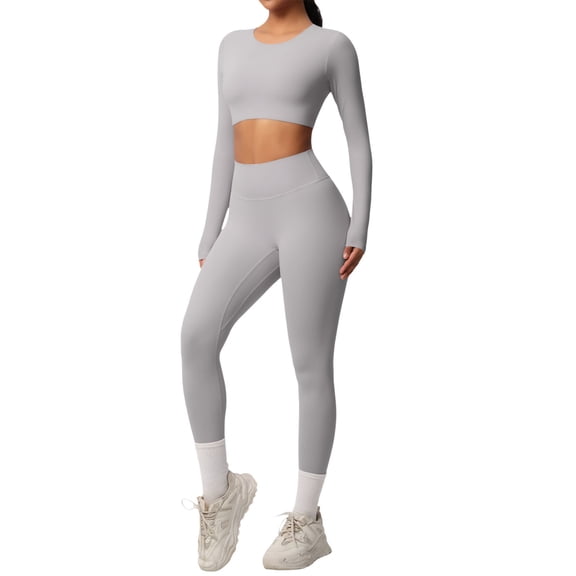 Womens Two Piece Workout Sets Slim Fit Short Sleeve Shirt High Waist Leggings Yoga Outfits Matching Gym Set