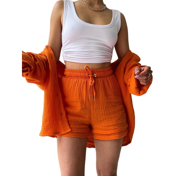 Womens Two Piece Wrinkle Fabric Collared Long Sleeve Shirt and High Waist Drawstring Shorts Set Orange L