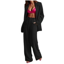 Womens Two Pieces Outfit Long Sleeve Office Jacket and Wide Leg Pant Sets Solid Color Business Suits for Women (Black L)