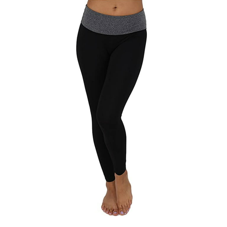 Womens Two Tone 7/8 Foldover Stretch Fabirc Workout Yoga Gym Leggings Pants  - Black/ Light Grey, L 
