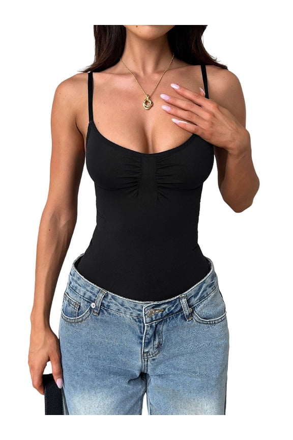 Womens U Neck Adjustable Spaghetti Strap Tight Tank Tops Casual Workout Basic Camisole Tops Black L