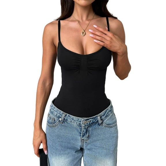 Womens U Neck Adjustable Spaghetti Strap Tight Tank Tops Casual Workout Basic Camisole Tops Black XL