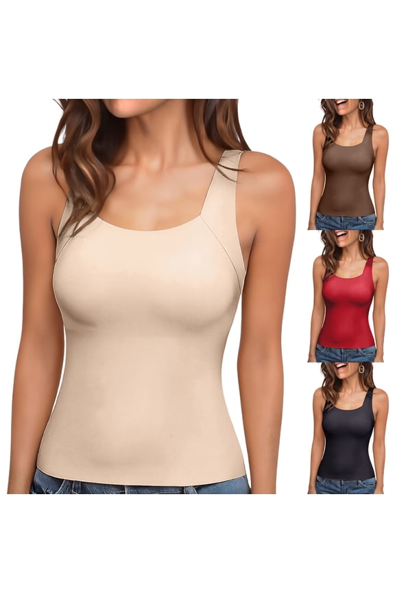 Womens U Neck Shapewear Built-in Bra Tank High Strechy Sleeveless Slim Fit Tops Camisole Workout Tops Beige 2XL