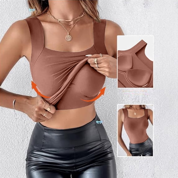 Womens U Neck Shapewear Built-in Bra Tank High Strechy Sleeveless Slim Fit Tops Camisole Workout Tops Brown M