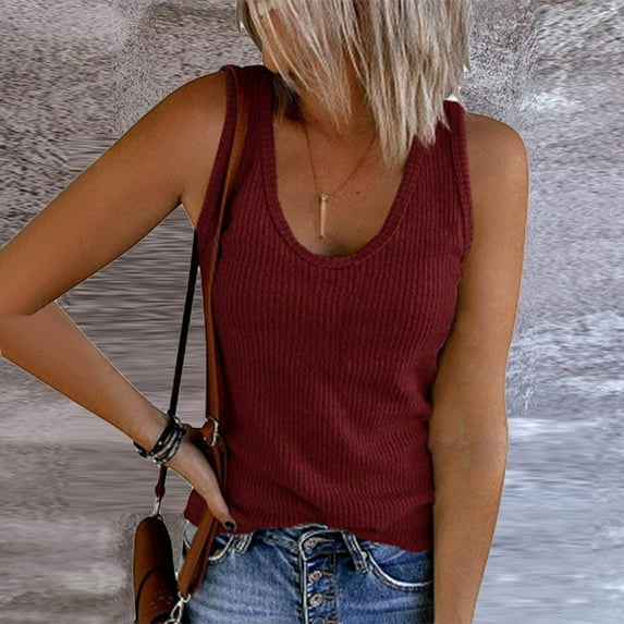 Womens U Neck Tank Tops Summer Sleeveless Basic Cami Knit Ribbed Shirt Casual Loose Knit Tunic Henley Blouses