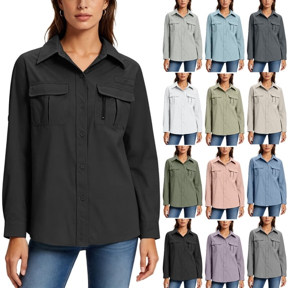 Womens UPF 50 Long Sleeve Cargo Shirt Safari Hiking Fishing Sun Protection Button Up Travel Shirt