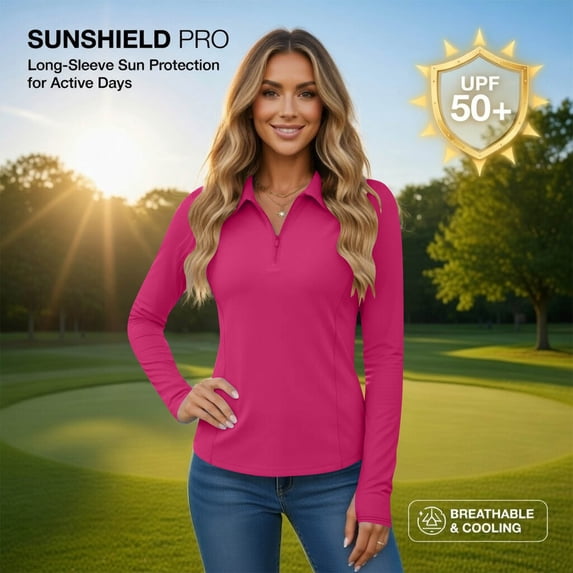 Womens UPF 50+ Sun Shirts Quickly Dry Half Zip Collared Long Sleeve Workout Tops Lightweights Running Hiking Pullover