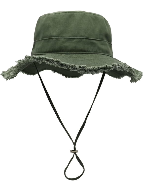 Womens UPF50+ Cotton Wide Brim Sun Hat with Strap Ladies Summer Floppy Hats Packable Women Washed Fringes Bucket Hat