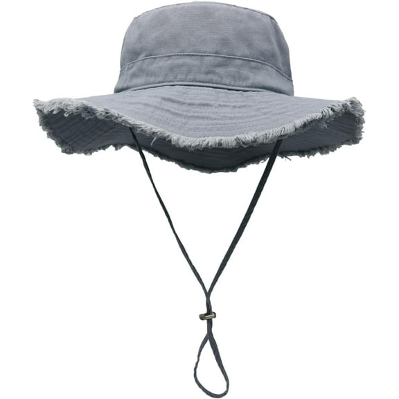 Womens UPF50+ Cotton Wide Brim Sun Hat with Strap Ladies Summer Floppy Hats Packable Women Washed Fringes Bucket Hat