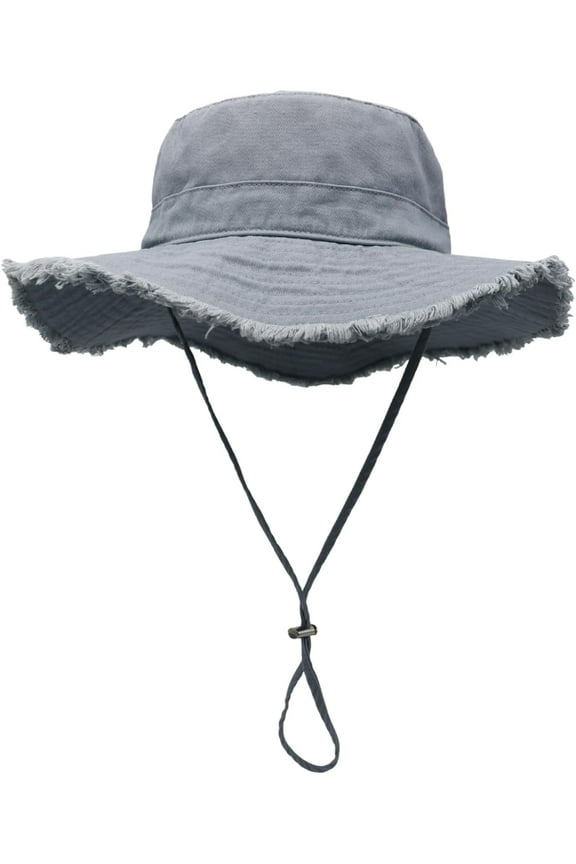 Womens UPF50+ Cotton Wide Brim Sun Hat with Strap Ladies Summer Floppy Hats Packable Women Washed Fringes Bucket Hat