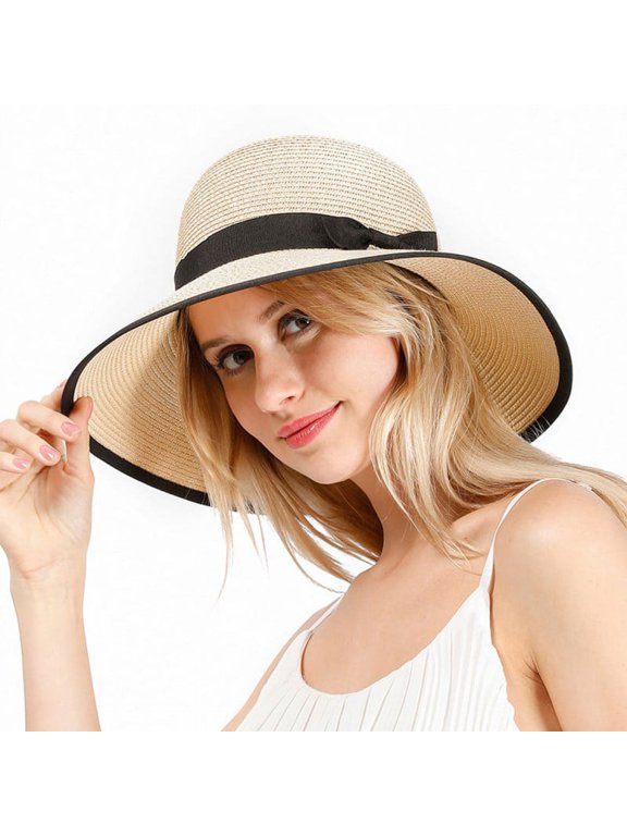 Womens UPF50 Foldable Summer Panama Hat Wide Brim Fedora Sun Straw Hat Beach Hat Sun Hat Foldable Gardening Hiking Cap for Women