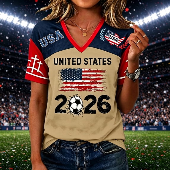 Womens USA Soccer Jersey Shirt American Flag Print Short Sleeve T Shirts V Neck Tee Soft Trendy Jerseys 2026 Summer Tee, Khaki XXL