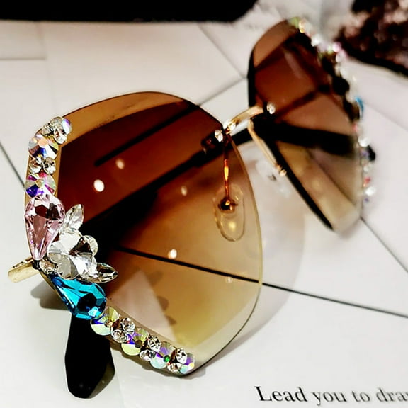 Womens UV400 Protection Resin Lens Sunglasses with Rhinestone Decor, Stereo Drilling, Plate Frame