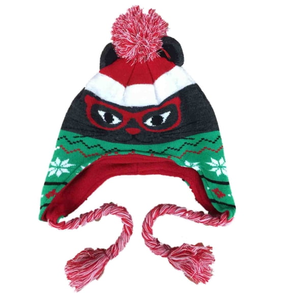 Womens Ugly Christmas Kitty Cat Peruvian Style Holiday Trapper Hat Fleece Lined