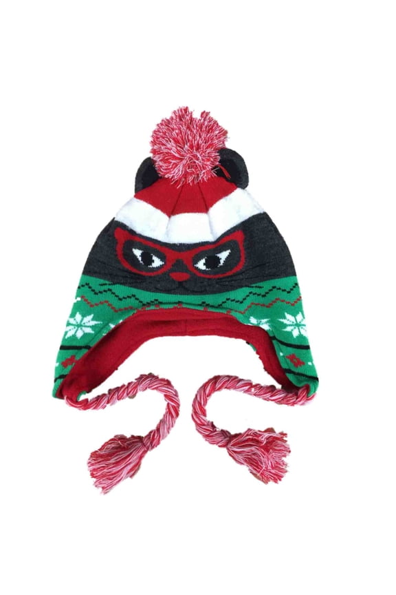 Womens Ugly Christmas Kitty Cat Peruvian Style Holiday Trapper Hat Fleece Lined