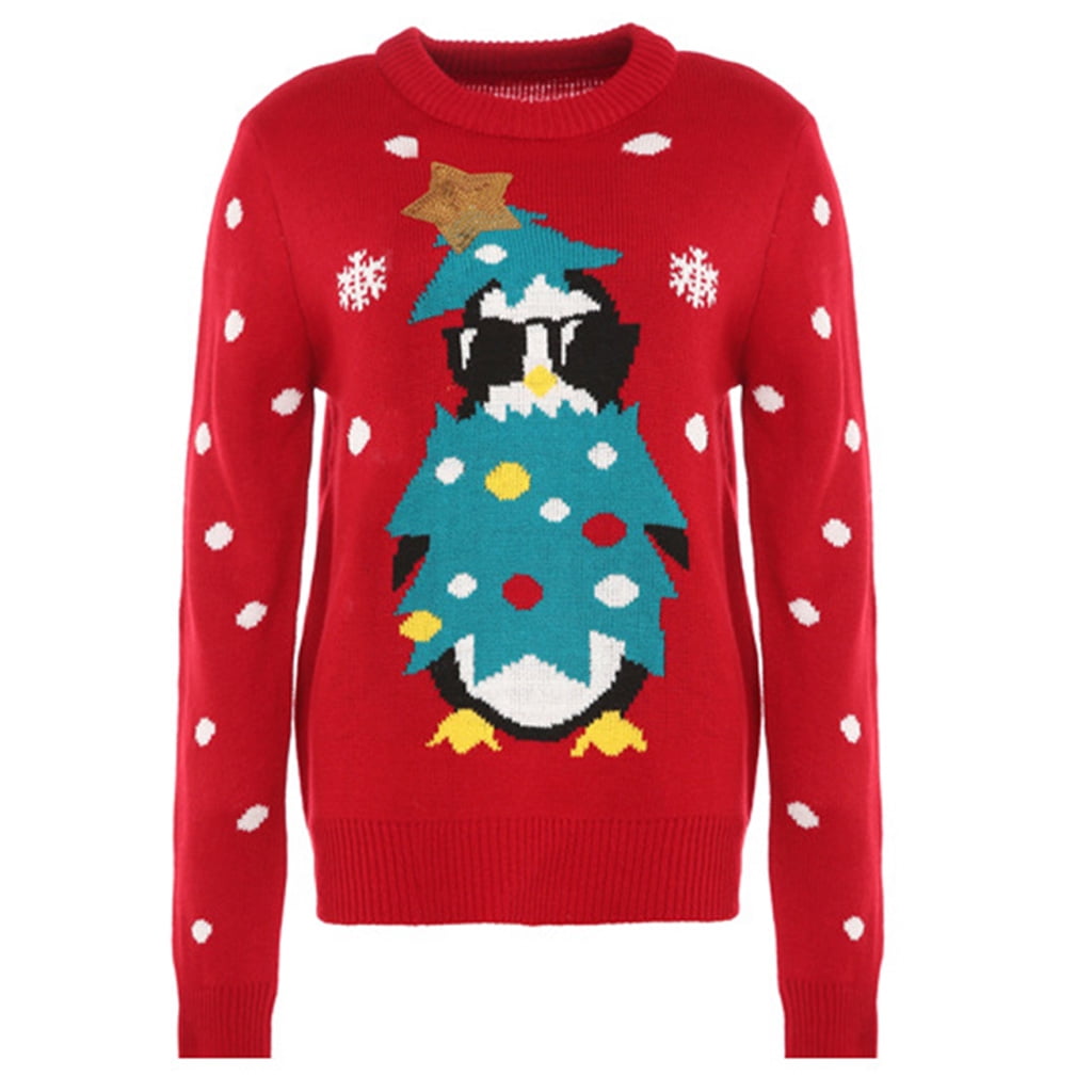 Womens Ugly Christmas Sweater Cartoon Penguin Sequined Star Pattern ...