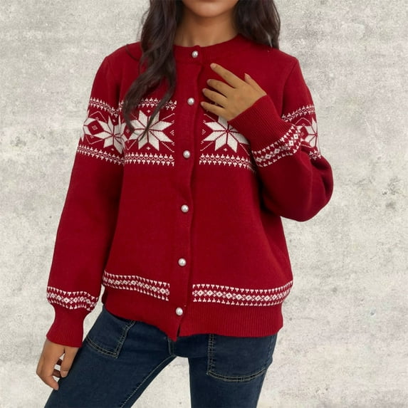 Womens Ugly Christmas Sweaters Crew Neck Long Sleeve Knitted Coat Button Down Christmas Print Knit Cardigan (Red S)
