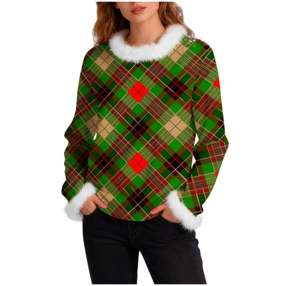 Womens Ugly Christmas Sweaters Faux Furry Trim Crewneck Rib-Knit Sweatshirts Long Sleeve Holiday Pullover Tops (2XL, Green 01)