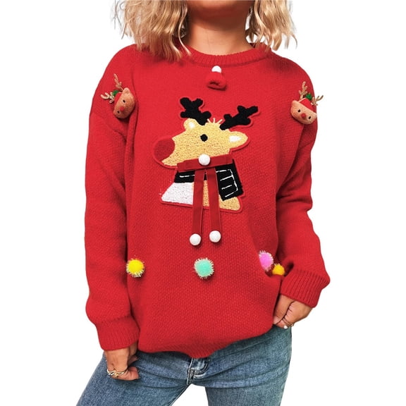 Womens Ugly Christmas Sweaters Long Sleeve Graphic Sweaters Casual Fall Winter Cable Knit Sweater for Women Red M