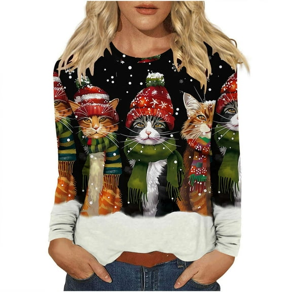 Womens Ugly Christmas Sweatshirt Funny 3D Cats Animal Graphic Christmas Cute Crewneck Long Sleeve Pullover Tops