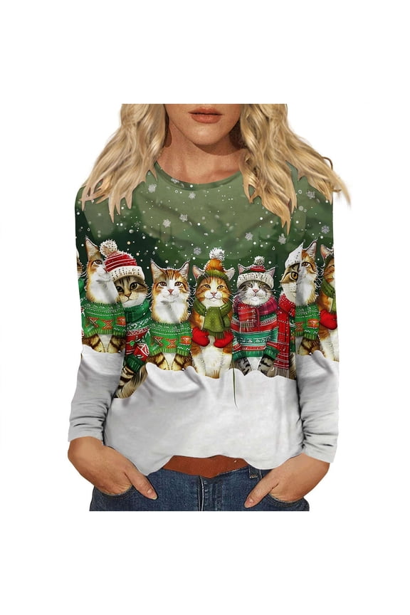 Womens Ugly Christmas Sweatshirt Funny 3D Cats Animal Graphic Christmas Cute Crewneck Long Sleeve Pullover Tops