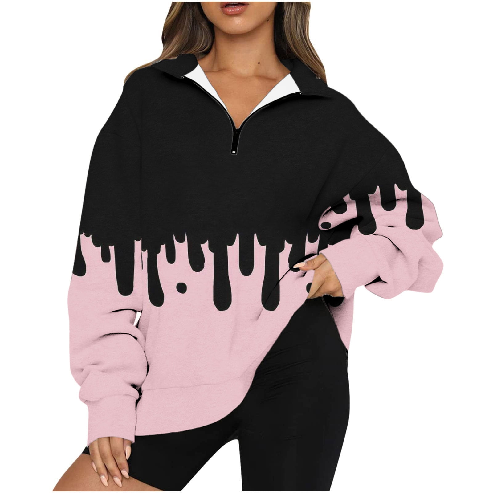 Womens Ugly Print Sweatshirts Womens Oversized Half Zip Pullover Long Sleeve Sweatshirt Quarter Zip Trendy Hoodie Ouffits Teen Girls Fall Clothes Round Neck Tops Crewneck Sweatshirts Walmart