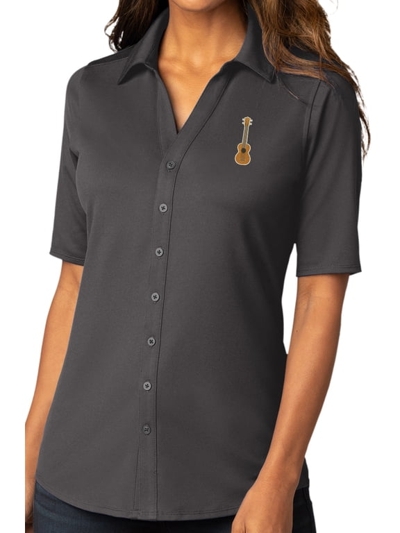 Womens Ukulele Patch Button-Down Stretch Shirt, 4XL Graphite Gray