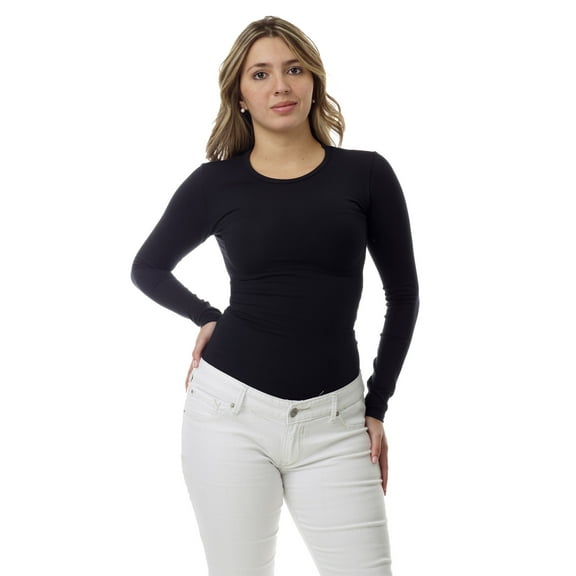 Womens Ultra Light Cotton Spandex Compression Crew Neck Top Long Sleeves