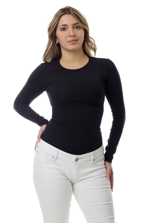 Womens Ultra Light Cotton Spandex Compression Crew Neck Top Long Sleeves