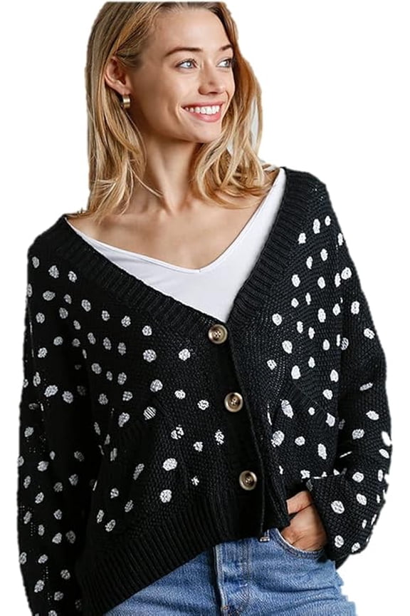 Womens Umgee Dalmatian Hand Printed Button Front Knit Cardigan with Pockets