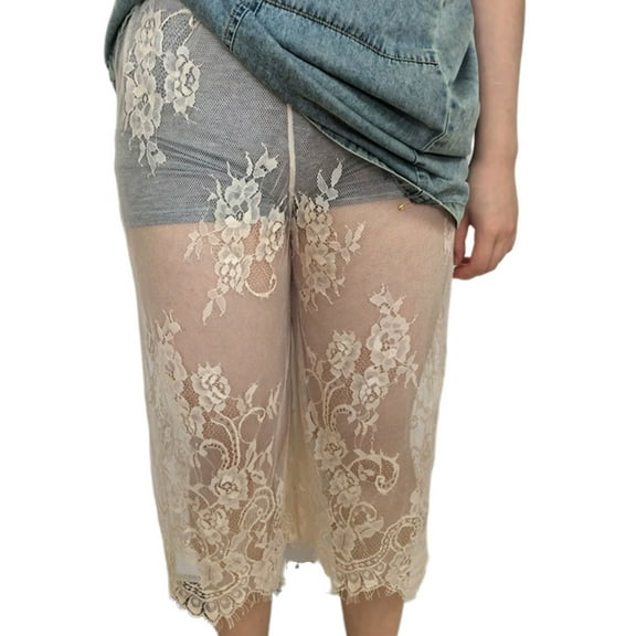 Womens Under Dress See Through Cropped Pants High Waist Mesh Capris Leggings Flower Lace Sheer Pettipants Half Slip