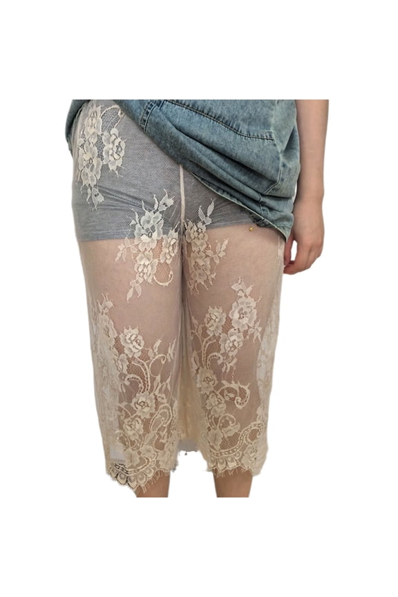 Womens Under Dress See Through Cropped Pants High Waist Mesh Capris Leggings Flower Lace Sheer Pettipants Half Slip