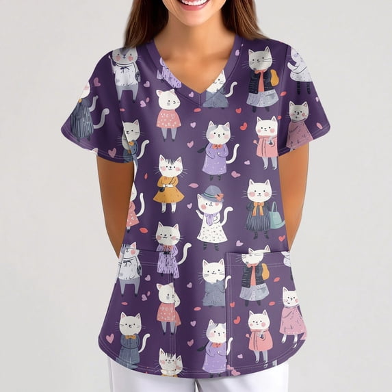 Womens Under Scrub Tops Animal Printed Scrubs Stretch Dog Cat Pattern Uniforms Cute Pattern Nursing Workwear