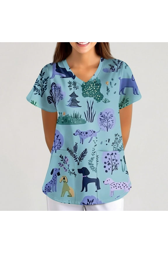 Womens Under Scrub Tops Animal Printed Scrubs Stretch Dog Cat Pattern Uniforms Cute Pattern Nursing Workwear