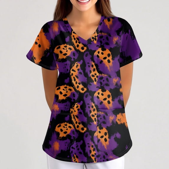 Womens Under Scrub Tops Animal Printed Scrubs Stretch Dog Cat Pattern Uniforms Cute Pattern Nursing Workwear