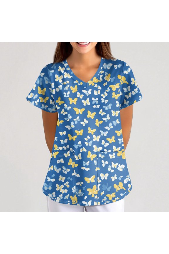 Womens Under Scrub Tops Animal Printed Scrubs Stretch Dog Cat Pattern Uniforms Cute Pattern Nursing Workwear