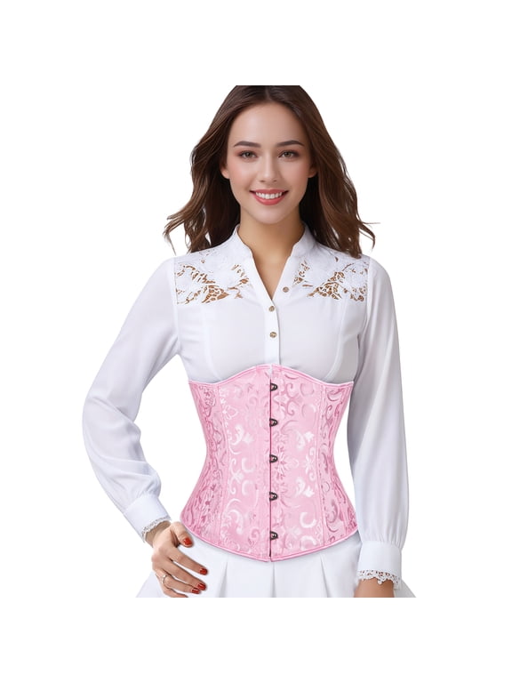 Womens Underbust Corset Plus Size Gothic Corset Cincher Medieval Corsets for Women Jacquard Vintage Waist Corset Top Pink Size XS